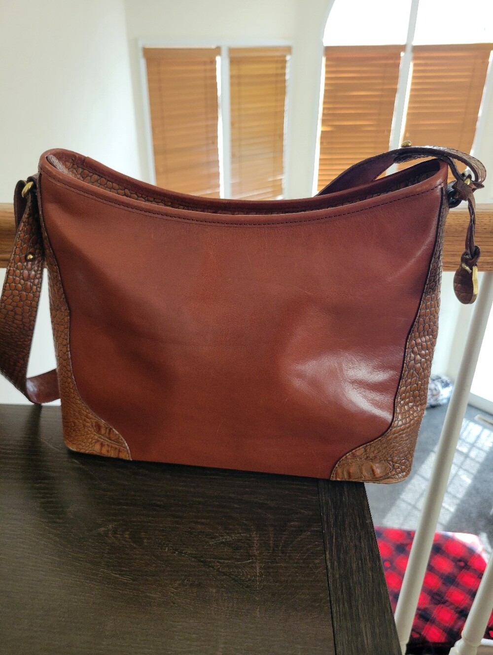 VTG Brahmin Brown Smooth Leather Hobo Shoulder Bag Croc Crocodile Embossed Trim